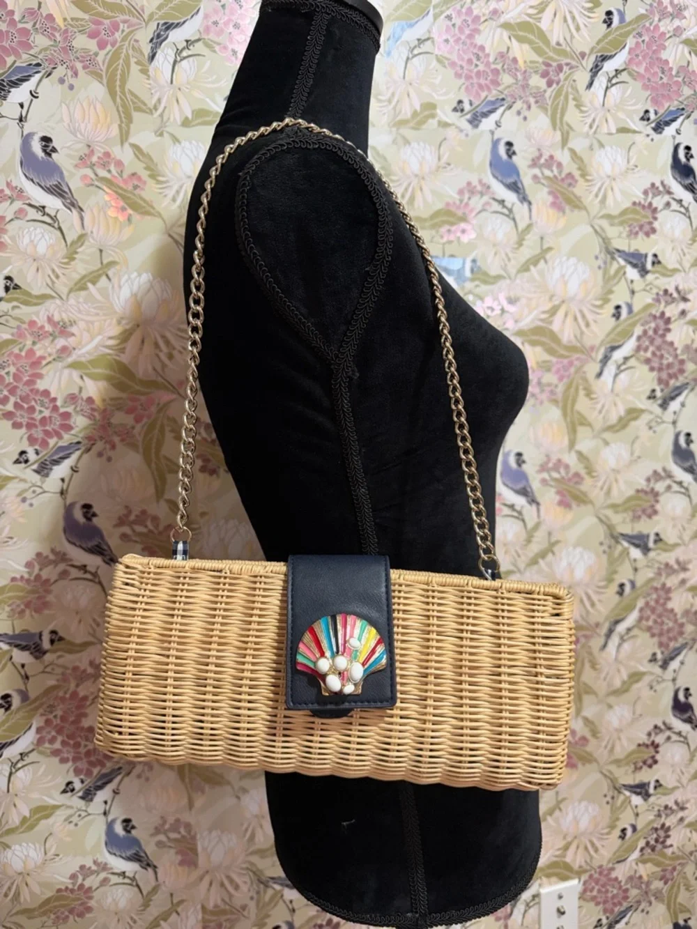 Talbots Natural Woven Clutch with Navy Tab and Multicolor Fan Accent